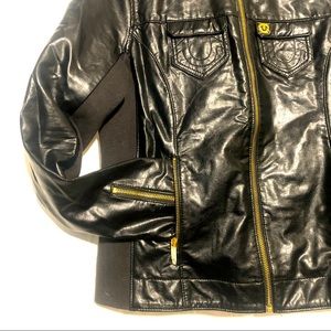 True Religion Moto Inspired Jacket. Black Faux Leather Gold Accents. Size Large.
